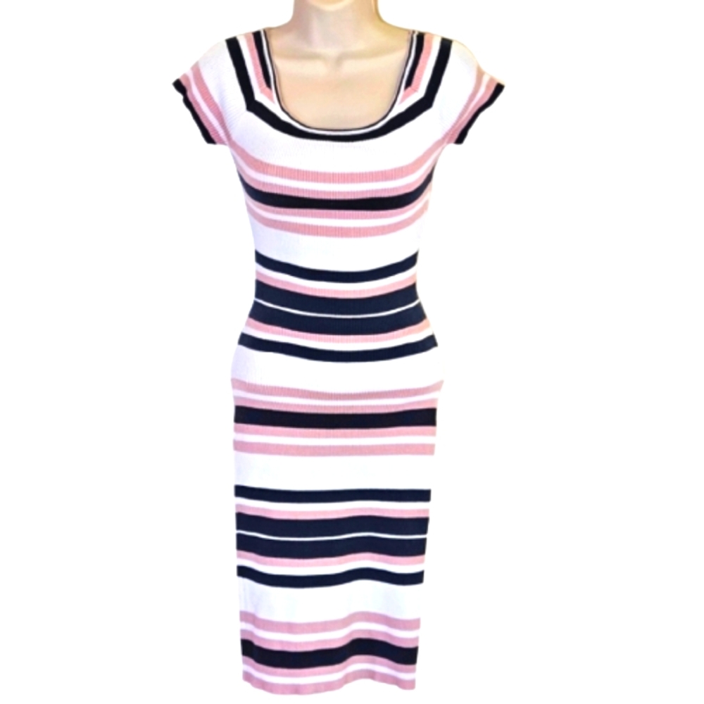 Charlotte Russe Pink/White/Black Striped Ribbed Midi Dress, Medium